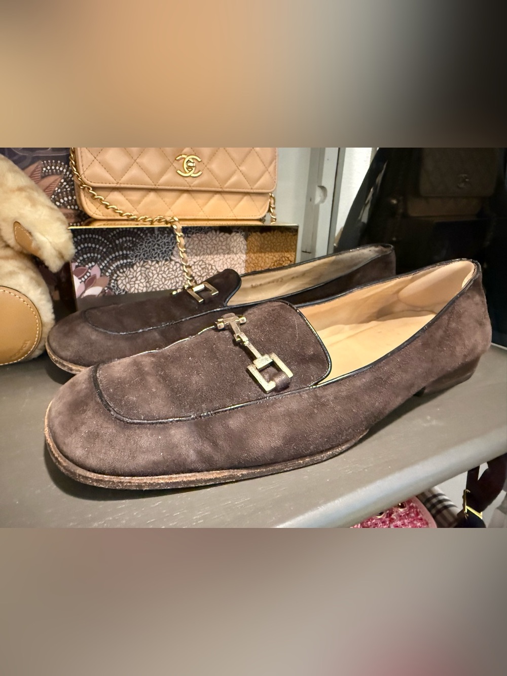 Gucci Brown Suede Women's Loafers with Gold Hardware